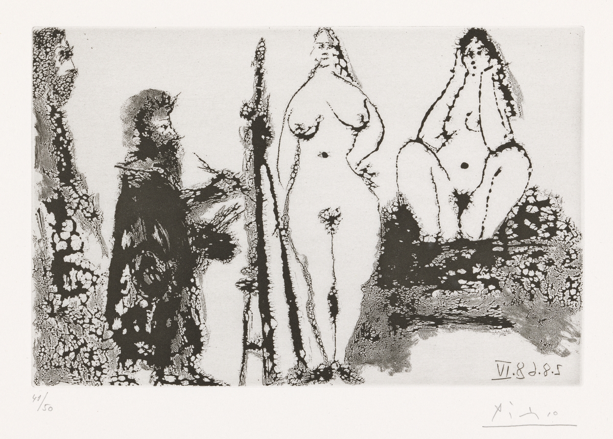 Skjegget maler i morgenkåpe, med to vakre kvinner og en besøkende [Grafikk]