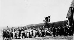 Personer, klær, flagg, naturforhold. 
Skoleungene har gått 