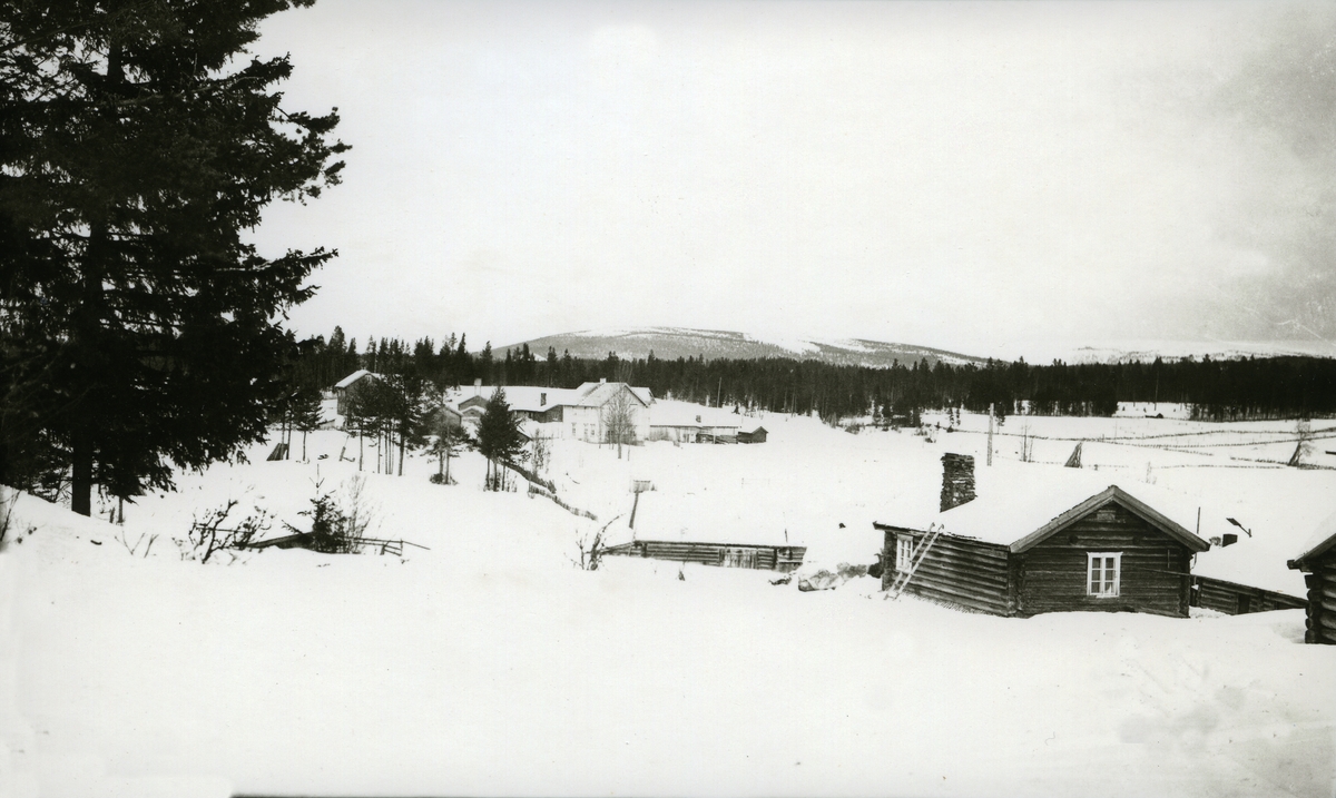 Oversiktsbilde Flermoen, tømmerhus i forgrunnen. - Anno Trysil Engerdal ...