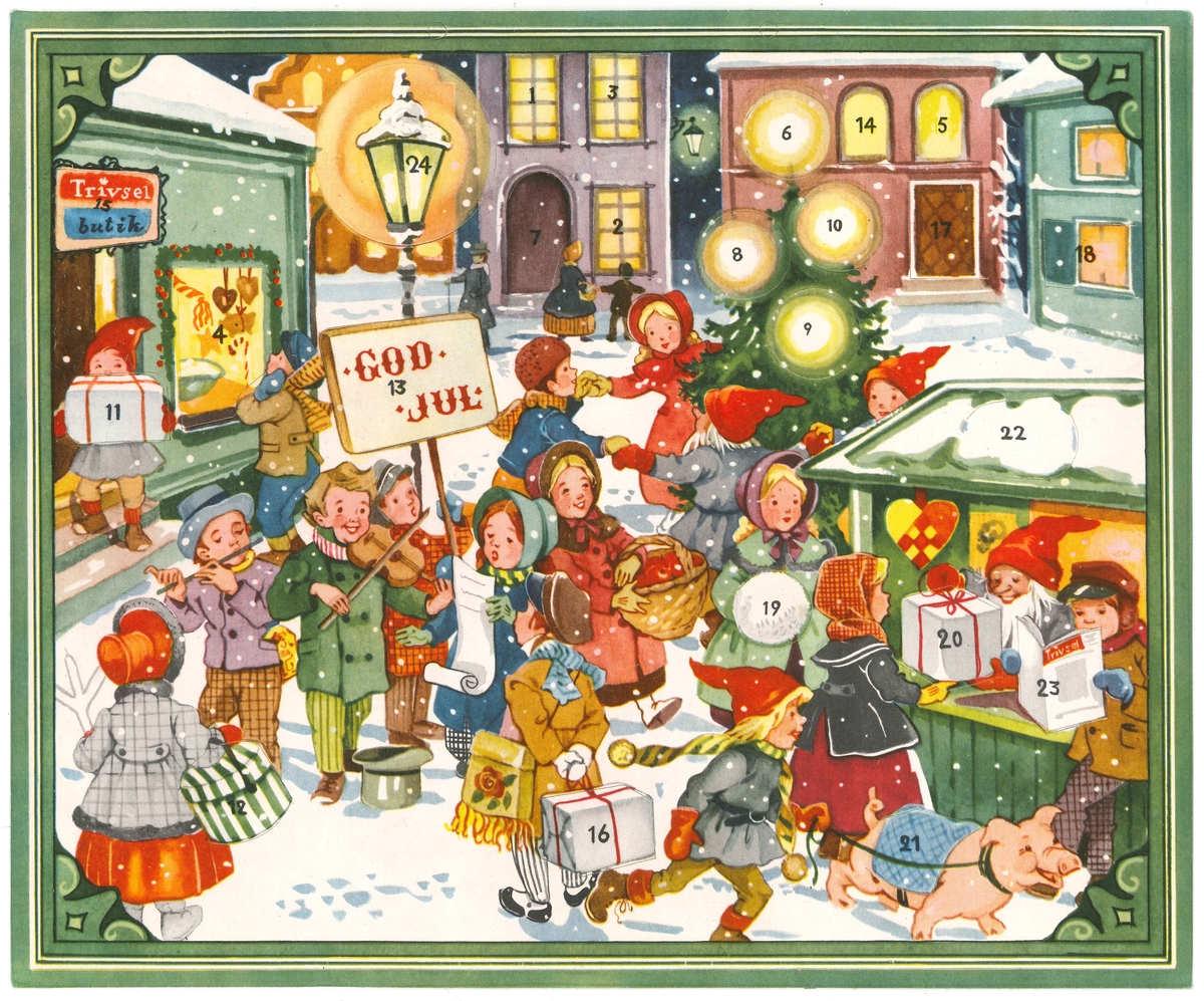 Adventskalender eller julkalender. Kalendern har 24 luckor. Motivet föreställer en julhandel där en tomte säljer paket inslaget i vitt papper med rött snöre. En grupp människor spelar och sjunger och en man håller upp en skylt där det står "God Jul". Några andra personer dansar kring en gran. Ytterligare går med en glad gris i band. Allt utspelas i en stadsmiljö.