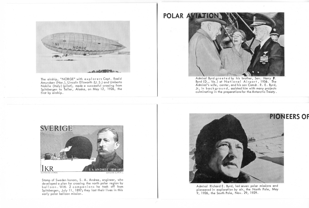 Fyra vykort ur serien "Pioneers of polar aviation  Honor Pioneers", nr 20-a till d. Motiv med Richard E Byrd, luftskeppet Norge och det svenska frimärket med S A Andrée och den landade ballongen.