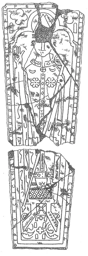 Middelaldergravstein; tegning av Henrik Mathiesen.