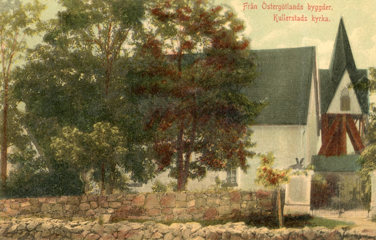 Kollorerat vykort med motiv av Kullerstad kyrka. Postgånget 1907.