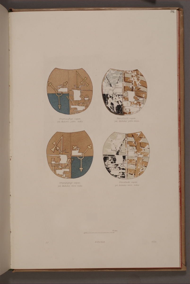 Avbildning i gouache föreställande detaljer av fälttecken taget som trofé av svenska armén. Den avbildade fanan finns bevarad i Armémuseums samling, för mer information, se relaterade objekt.