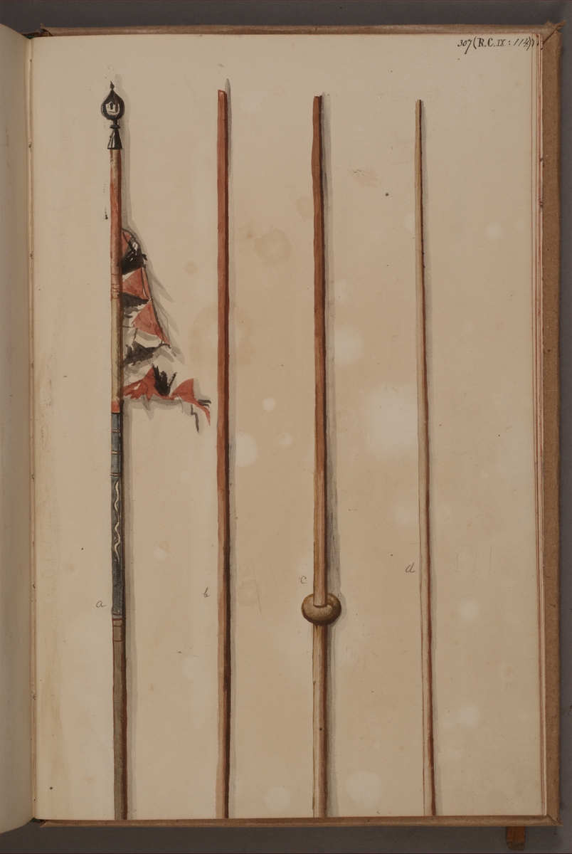 Avbildning i gouache föreställande fanstänger tagna som troféer av svenska armén. Stången längst till vänster i bild finns bevarad i Armémuseums samling, för mer information, se relaterade objekt.