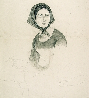 Ofullbordad blyertsteckning av ung kvinna med huvudduk. Troligen utförd av någon i den Appelgrenska familjen.