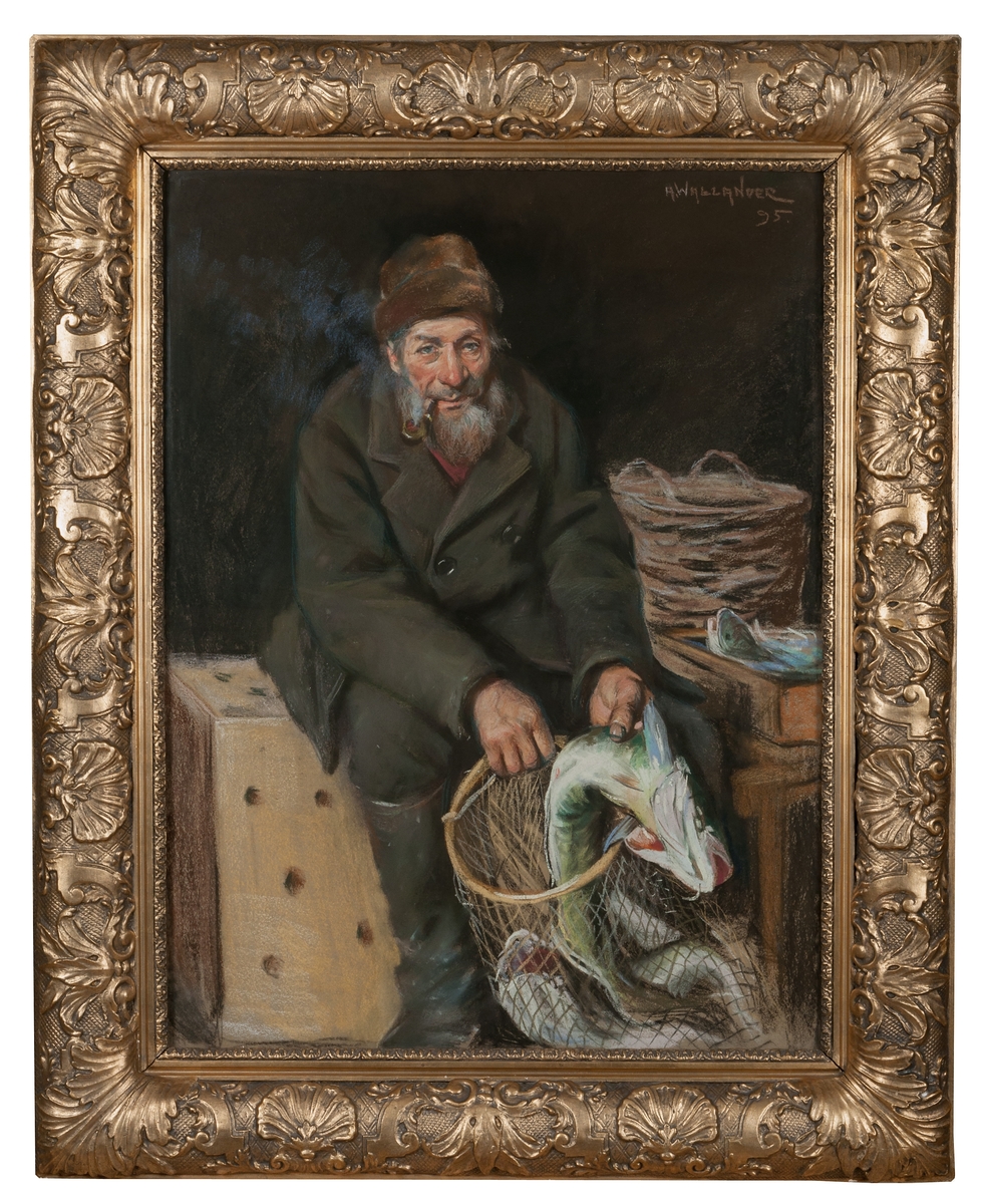 Enligt katalog:
"Wallander, Alf, fiskargubbe som säljer fisk, sittande på en sump. Sign A. Wallander 1895. Pastell, förgylld ram."