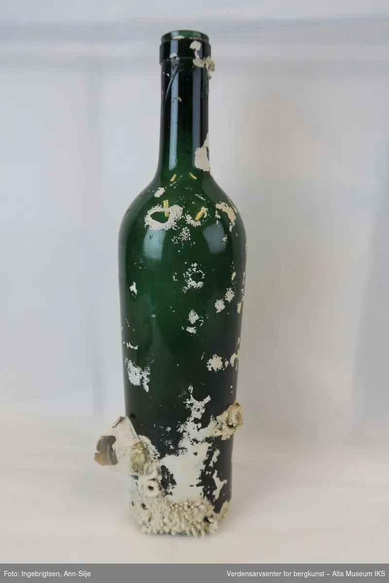 Form: Vanlig grønn vinflaske. På flaska er det grodd kalkalger, særlig rundt bunnen.