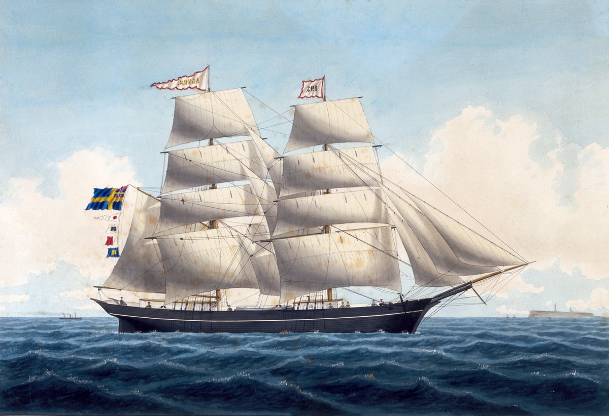 Fartygstavla, akvarell, Briggen Agnes av Gefle", av Mathias Truelsen,