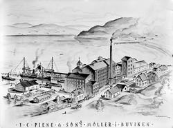 Tegning av mølleanlegget til I. C. Piene & Søn i Buvika