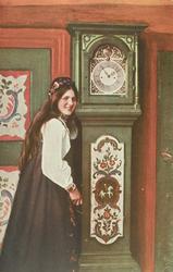 Postkort, kolorert lystrykk av kvinne i Hallingdalsbunad, ro