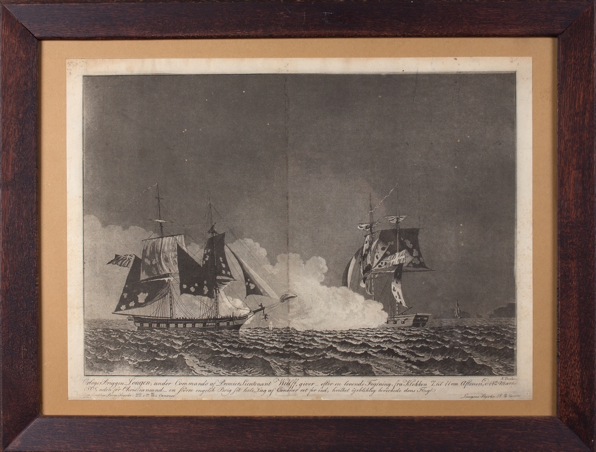 Trefning mellom britisk orlogsfartøy og den norske orlogsbriggen LOUGEN, to menn faller fra baugen på det britiske fartøyet.