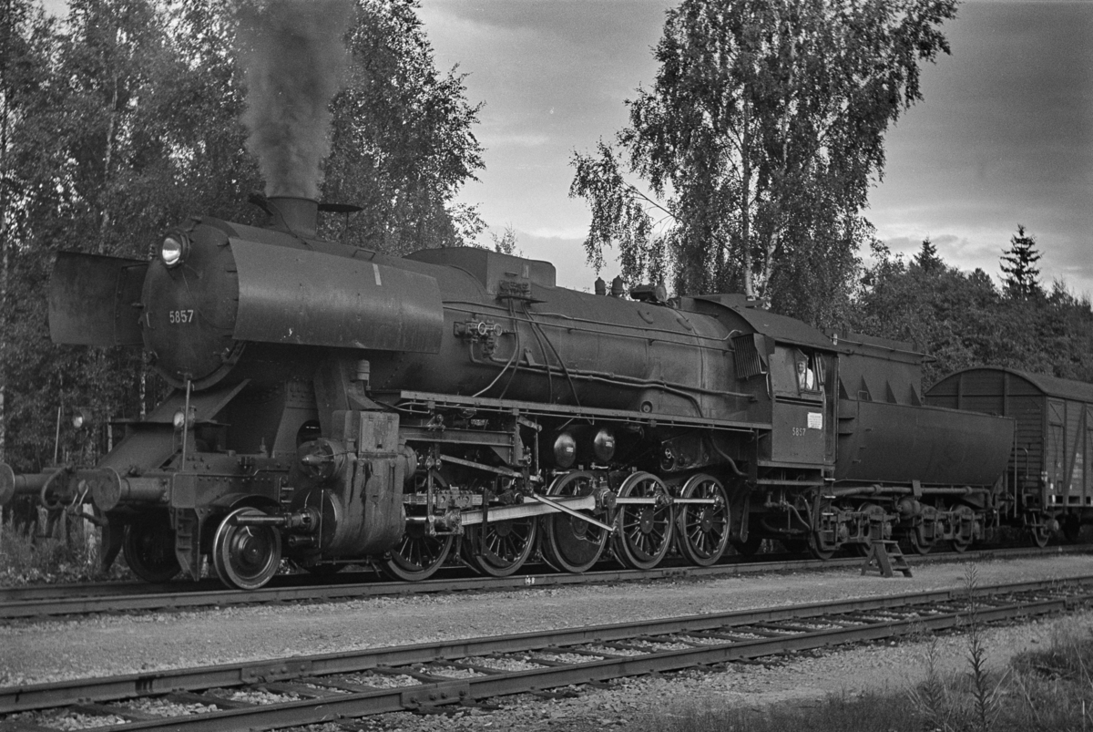 Godstog på Agle stasjon på Nordlandsbanen. Toget trekkes av damplokomotiv type 63a nr. 5857