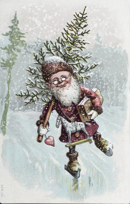 Julekort med tegning av en nisse som står på skøyter.