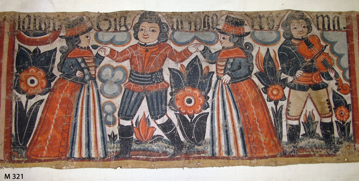 Bonadsmålning från Brearedsgruppen med religiöst motiv i blått, rött, orange och gult målad med tempera på tuskaftvävt linnetyg - pigment och ägg/äggula plus ev mjöl. De gröna pigmenten kan vara orpiment eller schweinfurtergrönt båda innehållande arsenik (Nyström 2012:150-151).

Bonaden är troligen målad av Johannes Nilsson (1757-1827) verksam i Gyltige, Breared socken eller hans elev Anders Pålsson (1781-1849) verksam i Trönninge söder om Halmstad. Bonaden är märkt Breared PPS i övre höger hörn vilka initialer inte liknar någon känd bonadsmålare förutom de sista PS i Anders Pålsson. Men stilen vid jämförelse med andra bonadsmålningar liknar mer Johannes Nilssons än Anders Pålssons.