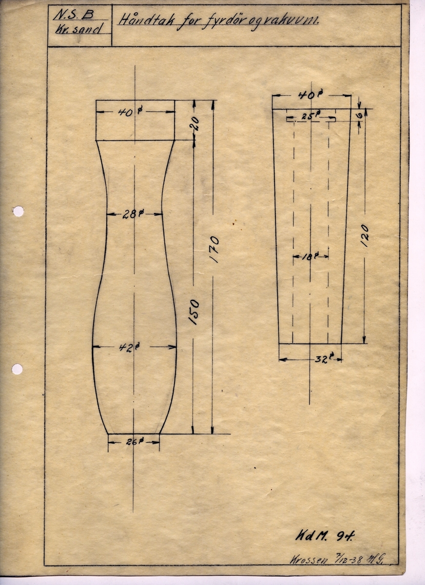 Håndtegnet arbeidstegning til håndtak for fyrdør og vakuum. Opprinnelig tegningsnummer KdM 94. Utarbeidet ved Krossen i 1938.