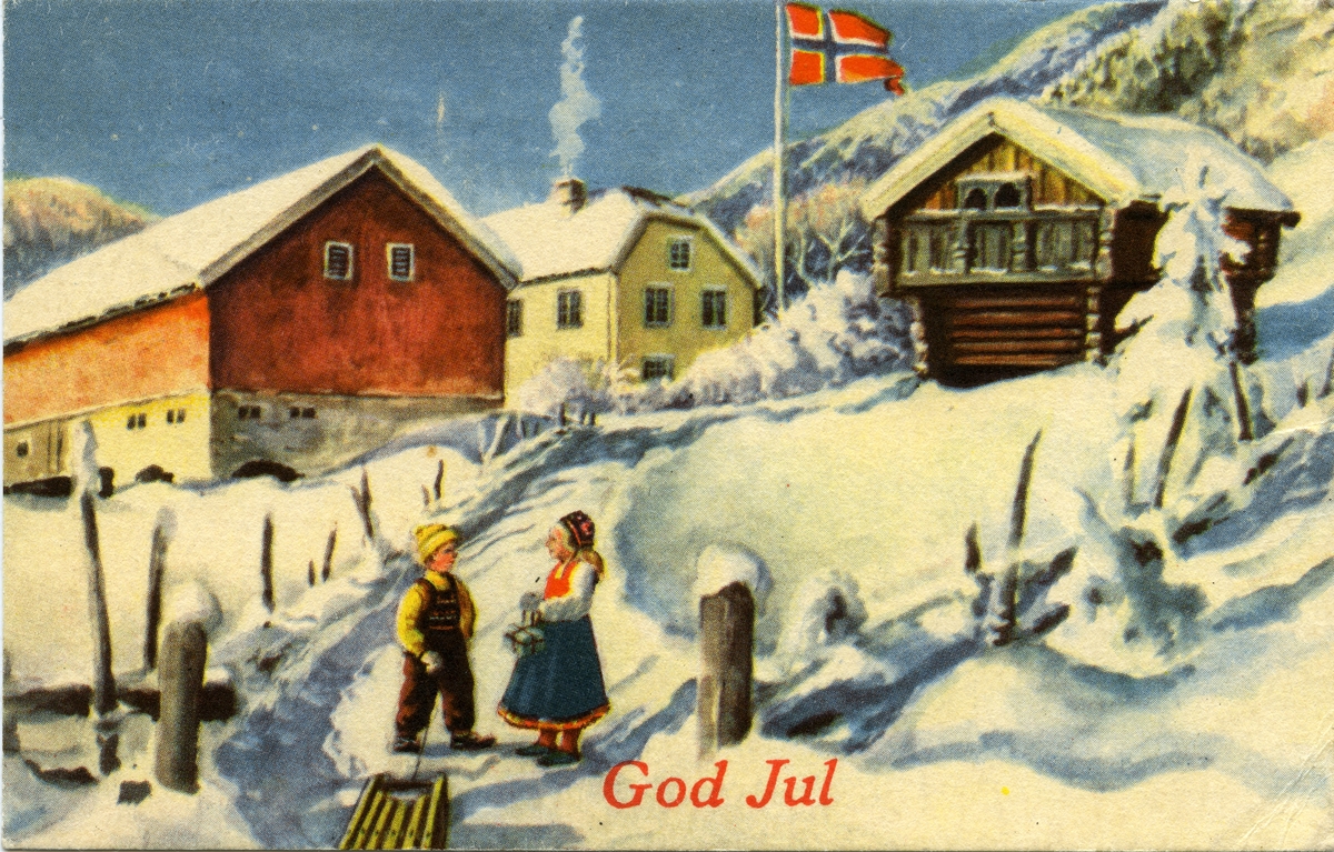 Julekort. Julehilsen. Vinterlandskap. En gutt med en kjelke står sammen med en jente i folkedrakt. Bak dem går det vei opp til en bondegård der det flagges.