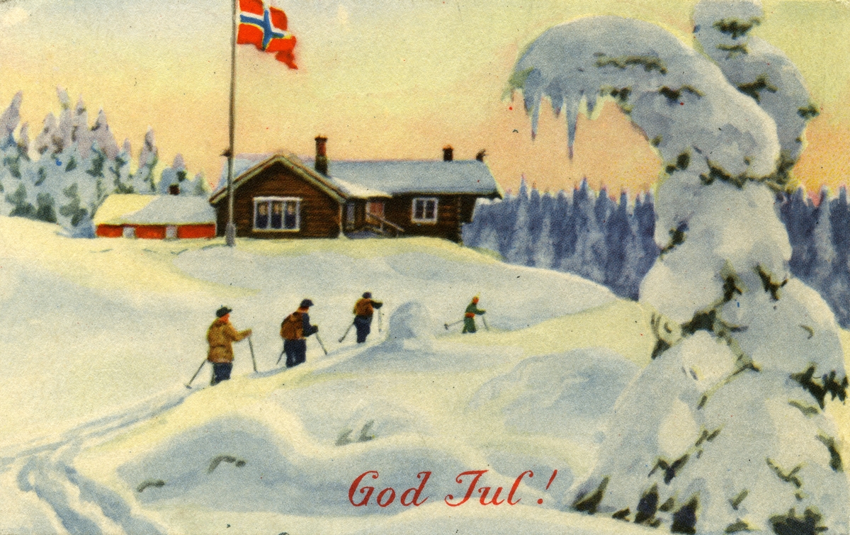 Julekort. Jule- og nyttårshilsen. Vinterlandskap. Skiløpere på vei mot ei hytte med flagget til topps.  Påskrift jul/nyttår 1948/49.