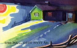 Julekort. Jule- og nyttårshilsen. Et hus i solnedgang i vint