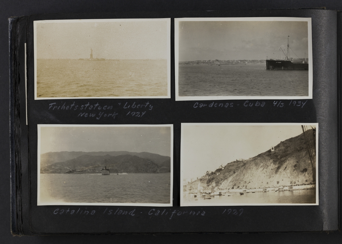 Frihets statuen, Liberty, New York 192? (øverst til venstre).
Cardenas-Cuba 4/3 1934 (øverst til høyre).
Catalina Island, California 1929 (to bildene nede).