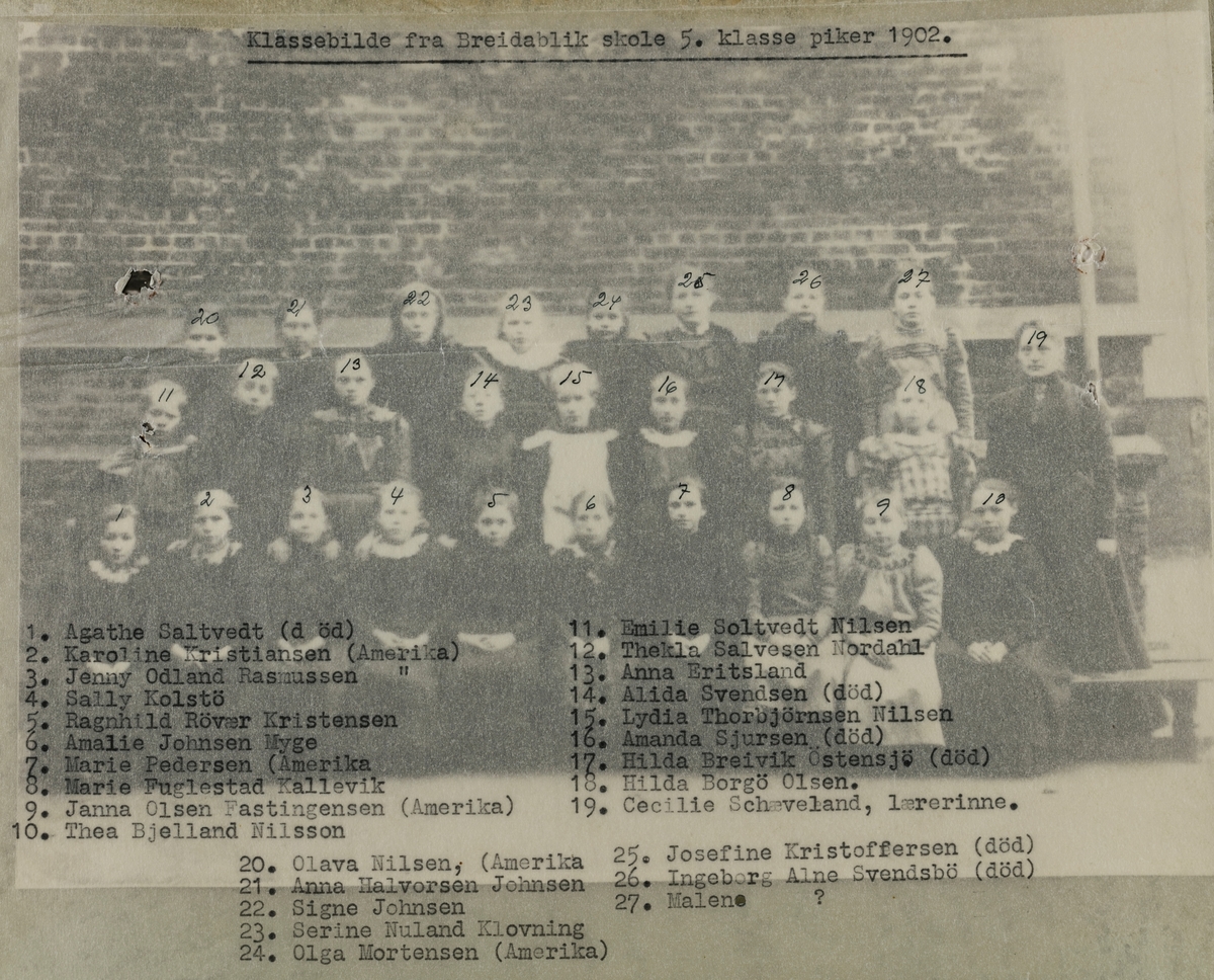 Klassebilde 5. klasse piker Breidablik skole 1902.