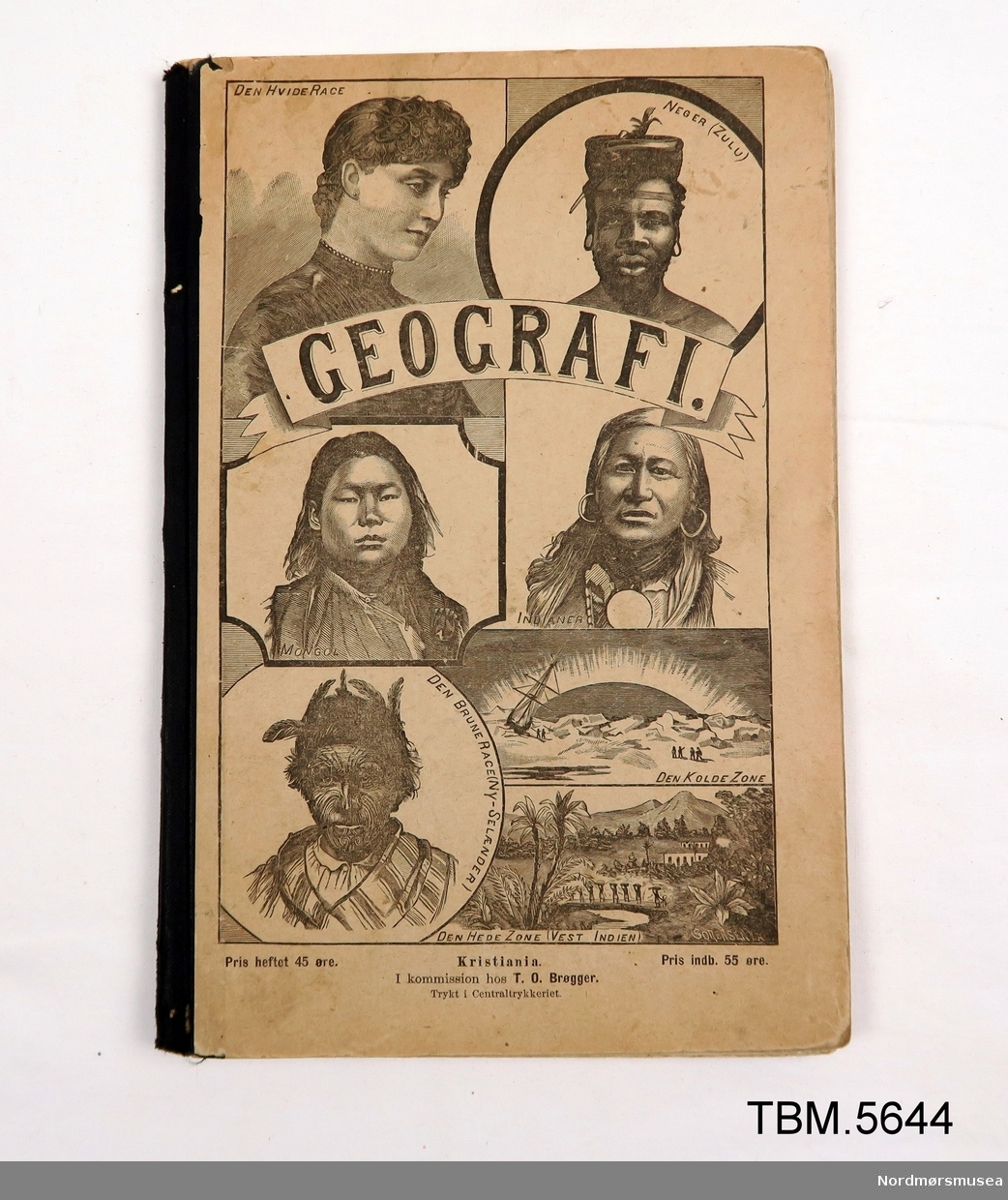 Geografibok med bilde utapå av memmeske av ulik "rase": Neger, Indianer, Hvit, Mongolsk, Brun