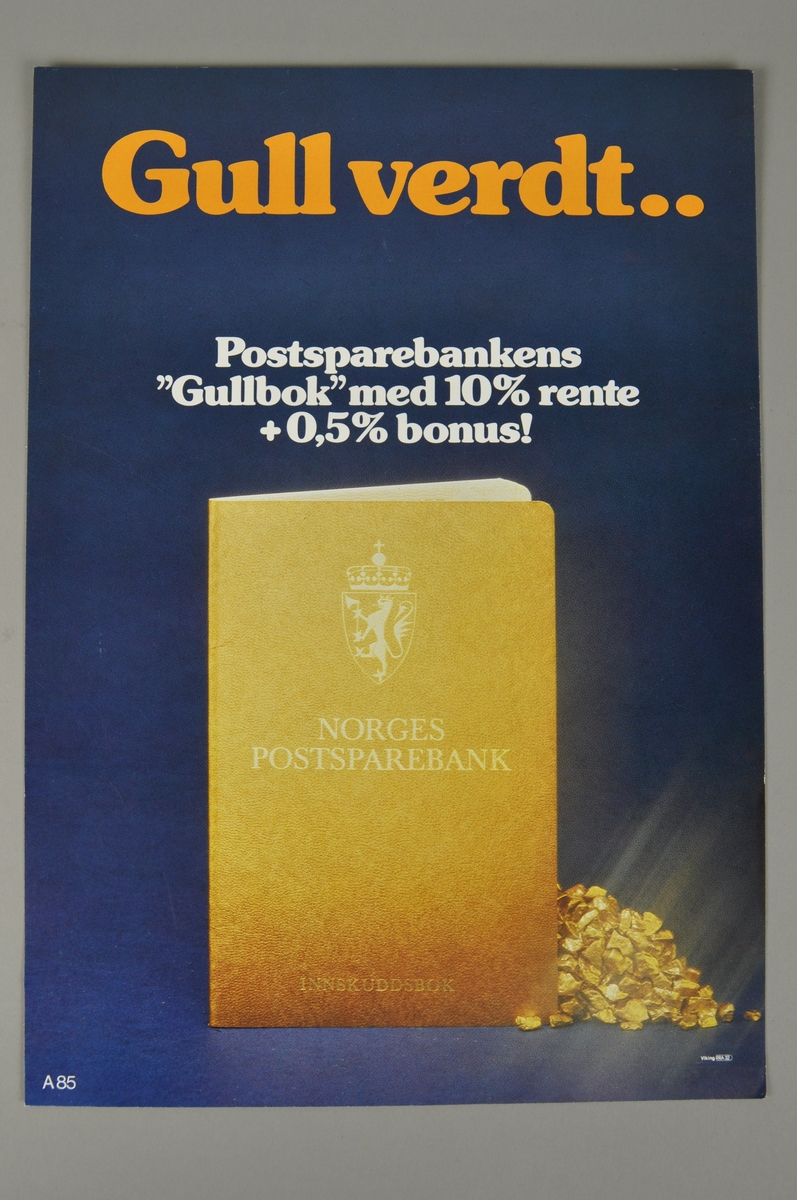 Reklaplakat for Postsparebankens Gullbok med 10 % rente. Bokmål og nynorsk