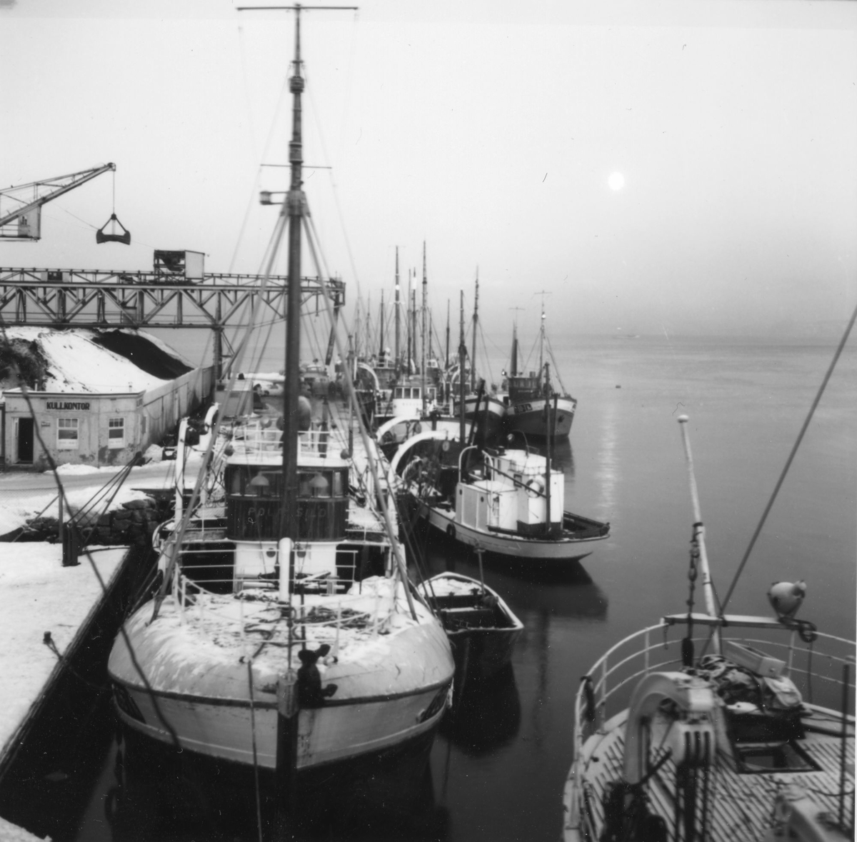 Fiskefartøyer ved kullkaia til Bertheus Nilsen. Kullager og -kran til venstre.