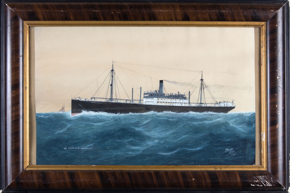 Skipsportrett av DS THORVALD HALVORSEN i grov sjø. Skipet fører ingen flagg eller vimpler, ser et annet seilfartøy foran baugen.