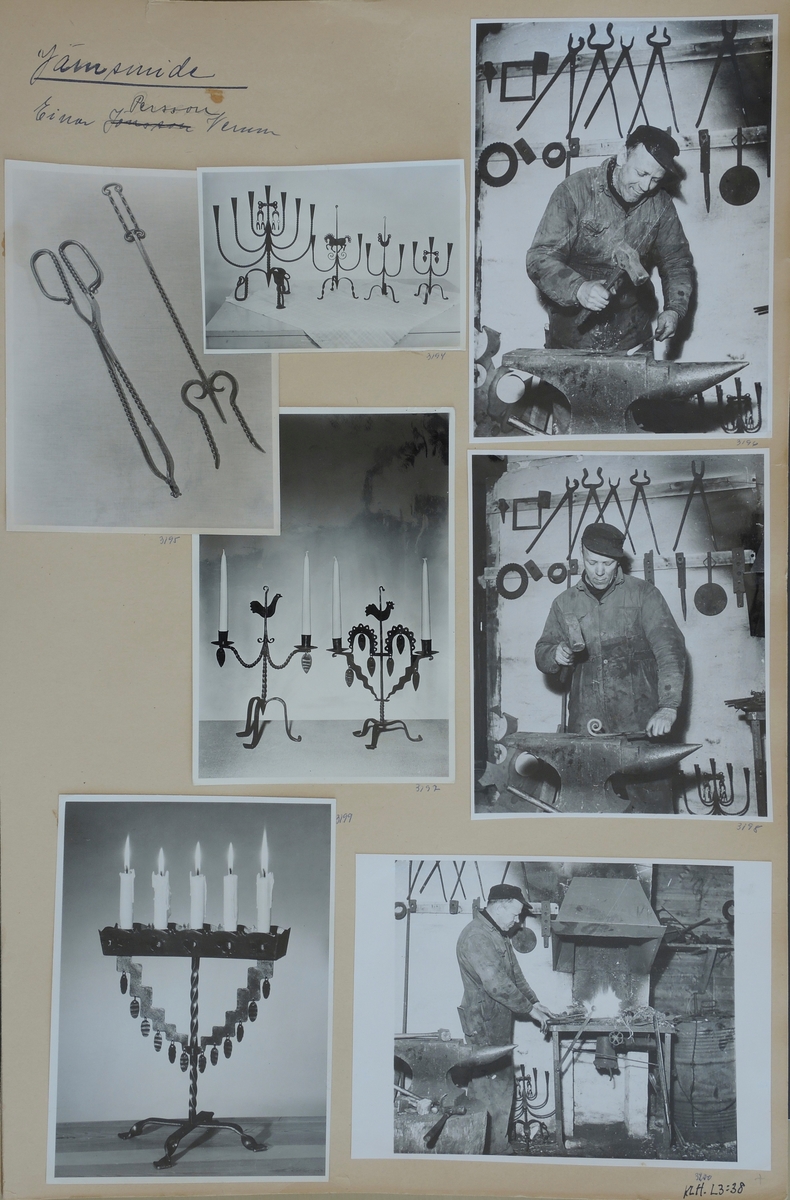 Järnsmide. Tre bilder av smeden Einar Persson och fyra bilder av föremål tillverkade av honom.