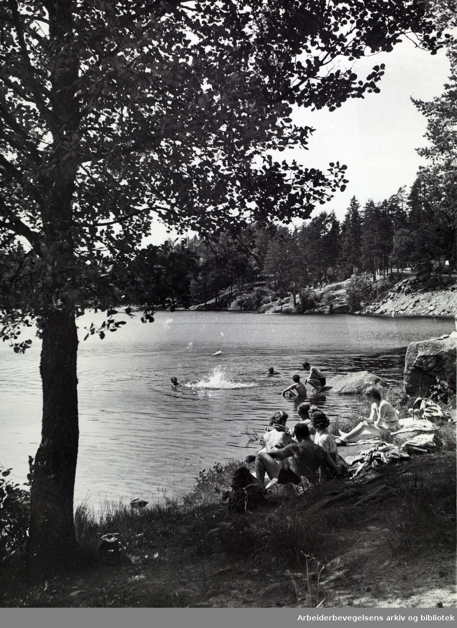 Badeliv ved Ulsrudvannet i Østmarka, juni 1954.