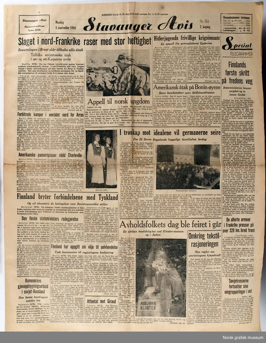 Stavanger Avis: Mandag 4. september 1944
Giver: Leif Kalvik