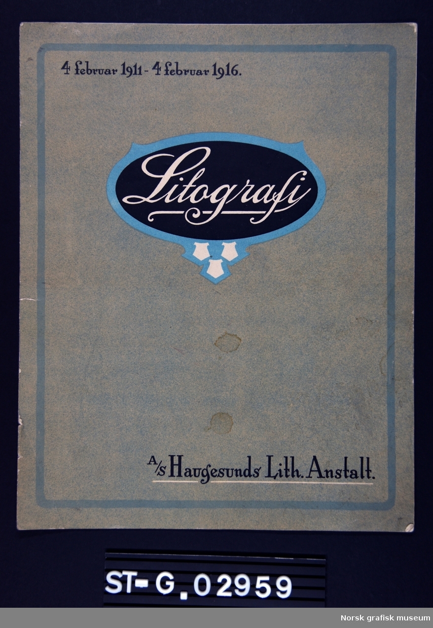 Brosjyre om A/S Haugesunds Lith. Anstalts virksomhet 1911-1916, samt fremvisning av et utvalg av deres litografiske produkter, hovedsakelig etiketter (iddiser).