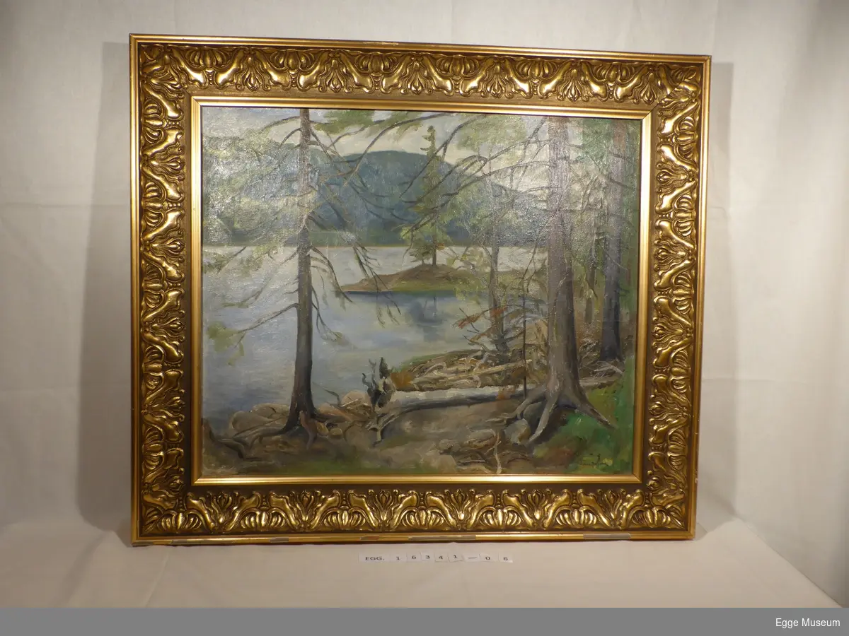 Maleriet viser et vann omgitt av skog. I forgrunnen sees både stående og falte grantrær, samt et løvtre. Omtrent midt i bildet er det en liten odde med et stort grantre på.