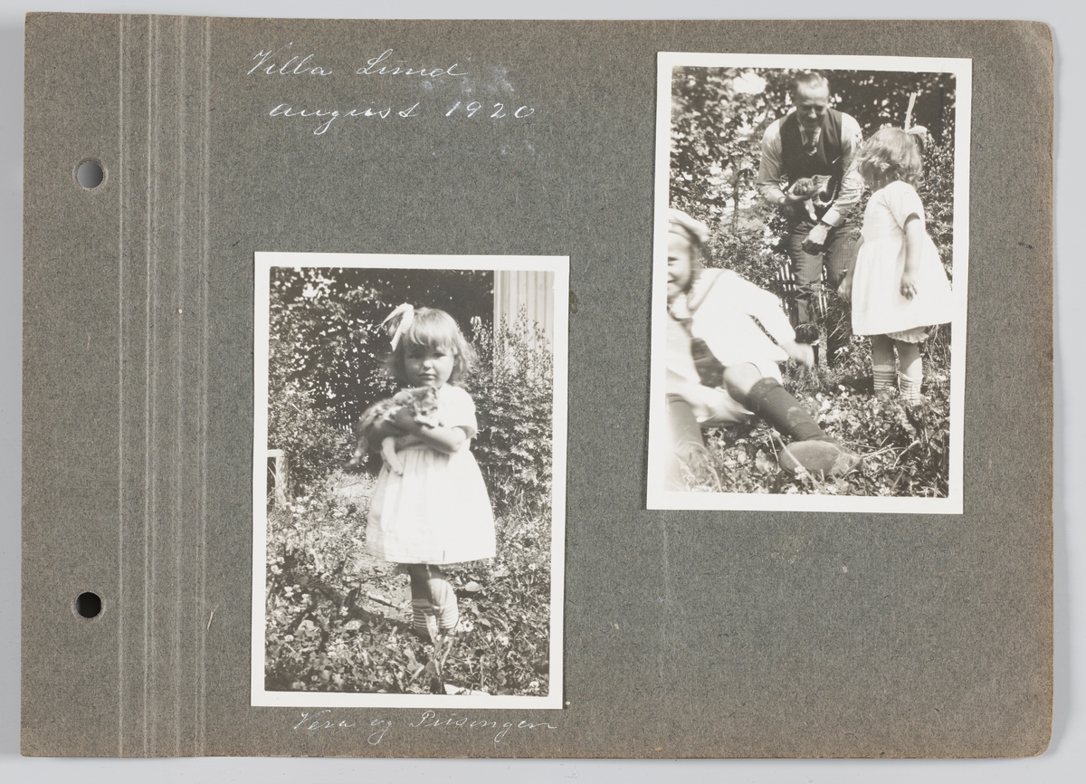 Bilde til venstre: Vera Holck f.Michelsen med kattunge.
Bilde til høyre: Pappa Martin Michelsen med kattungen, Erling Michelsen og søster Vera, Villa Lund, Strømmen. August 1920.