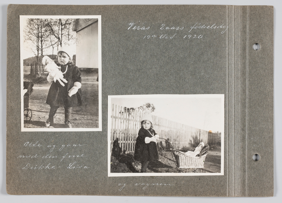 Begge bilder:Vera Holck f.Michelsen på 2årsdagen 19.oktober 1920, ute på tur med ny dukke og dukkevogn, på Strømmen.