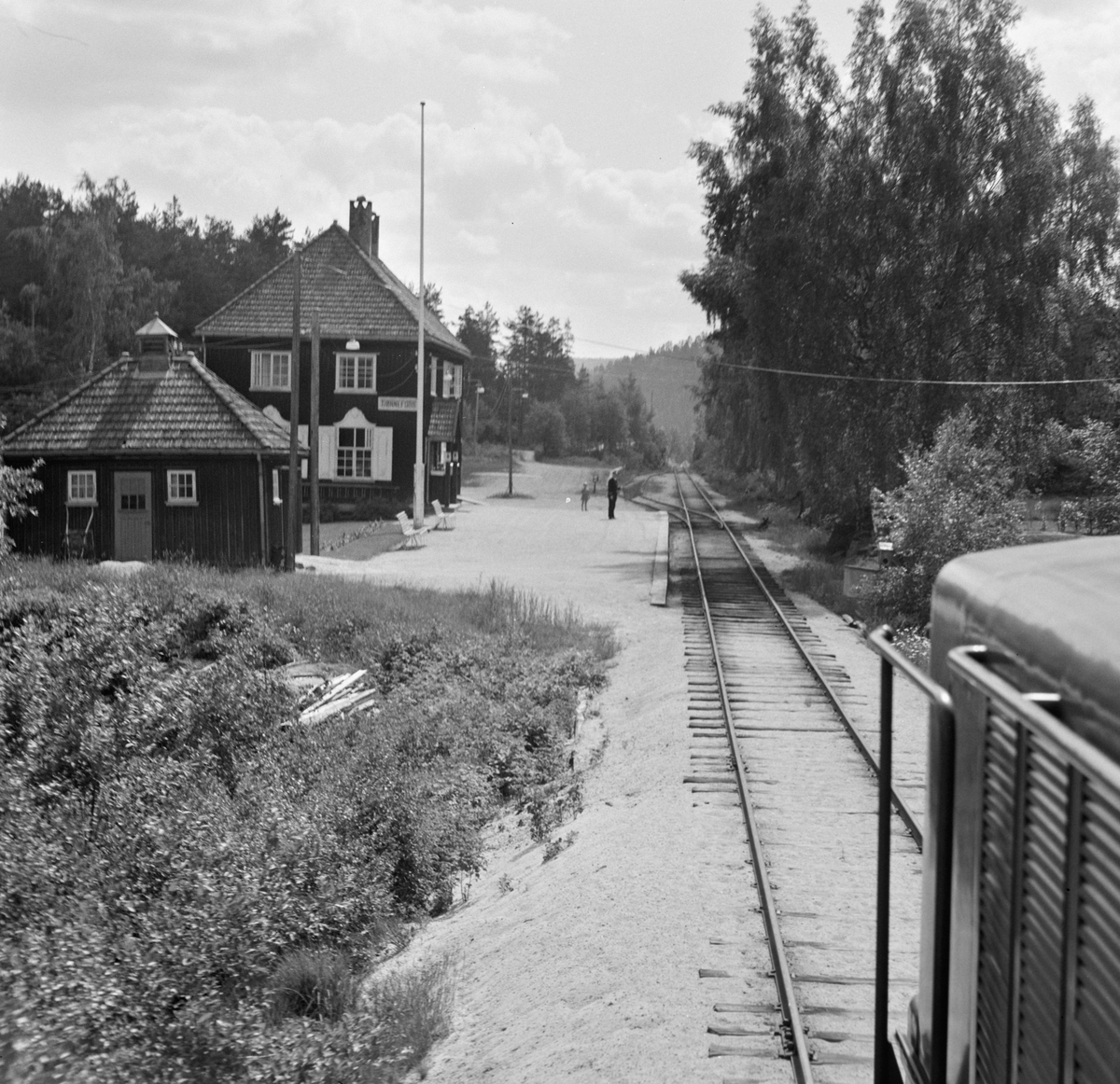 Fra Tjønnefoss stasjon på Treungenbanen. Utsikt fra førerrommet på diesellokomotivet.