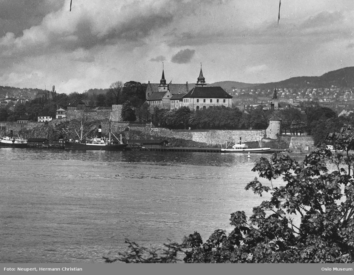 utsikt, fjord, havn, dampbåter, Akershus festning