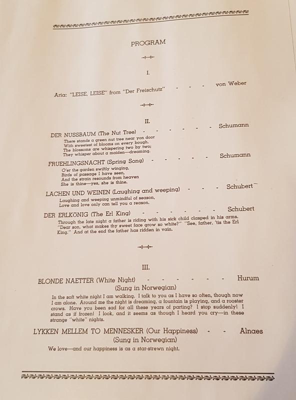 Konsertprogram for Kirsten Flagstads konsert i Honolulu i 1938. Tekst med rekkefølge på sangene som skal fremføres.