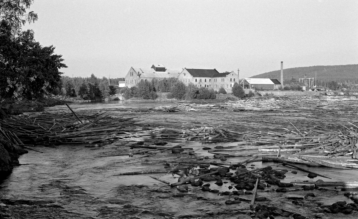 Sammenvaset fløtingstømmer i Glomma på ettersommeren i 1959.  Dette var en tørkesommer, noe som bidro til at vannføringa i elva etter hvert ble uvanlig lav, slik at tømmeret strandet på grusører og bergflater i elveløpet, slik at det bygde seg opp digre tømmerhauger.  Sentralt i bildet ser vi produksjonsanlegget ved Funnefoss tresliperi, som ble etablert i 1874-75 av Anders Olai Haneborg.  Nærheten til fossen, som ghav energi, vassdraget, som var transportåre for tømmer, og jernbanen, som brakte det ferdige produktet til markedet, var de sentrale lokaliseringsfaktorene.  Haneborg startet med to hoprisontale slipeapparater, og utvidet med ytterligere ett i slutten av 1880-åra.  I 1918, i forkant av den store krisa som rammet trelast- og papirbransjen etter 1. verdenskrig, gikk Haneborg konkurs.  Sør-Odal kommune overtok fabrikken og skogene fra konkursboet, først og fremst fordi kommunene var interessert i å sikre seg fallrettighetene i Glomma.  Fabrikken ble utleid til et firma, som ville fortsette tremassefabrikasjonen.  Alt i 1919 brant imidlertid mye av anlegget ned til grunnen.  Fabrikken ble gjenreist under navnet A/S Nye Funnefoss Træsliberi, med produksjon i de teglsteinsbygningene vi ser på dette fotografiet.  Bedriften var i virksomhet fram til 1966, sju år etter at dette fotografiet ble tatt.