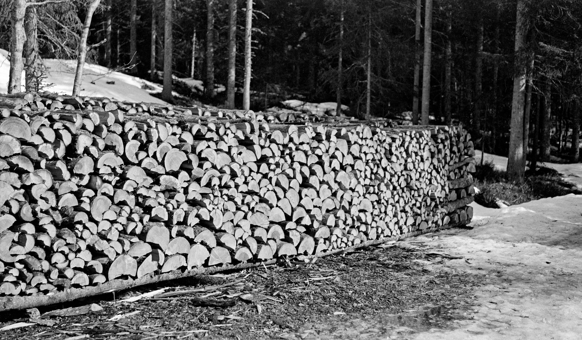 Vedstabel med gran- og furuved i Borgerudskogen på Sokna i daværende Norderhov kommune på Ringerike.  Fotografiet er tatt ved en skogsbilveg en vårdag i 1938.