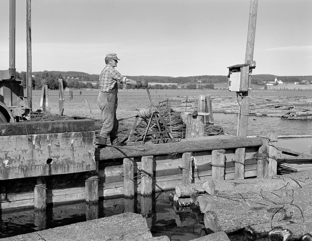 Tømmeropptak fra Bjørnstadbrygga ved Femsjøen i Halden i Østfold.  Denne innsjøen ble i mange år brukt som reservoar for tømmer, men fra slutten av 1970-åra brukte Saugbrugsforeningen bare stubbeferskt, ubarket massevirke av gran i produksjonen av magasinpapir.  Stadig mer av dette virket ble kjørt direkte til fabrikken på lastebiler.  I fløtingssesongen ble likevel fortsatt en del virke fløtet mellom Skulerud i Høland og Bjørnstadbrygga, hvor det ble tatt opp av vannet og kjørt de siste par kilometerne ned til Saugbrugsforeningens produksjonsanlegg.  I forgrunnen ser vi en arbeidskledd mann med et tjor på et jernstativ, som han brukte til å trekke tømmerbunter inn mot ei dokk der vaierbindene kunne løsnes, slik at stokkene kunne løftes opp på lastebiler ved hjelp av bilenes kraner.  De siste tømmerpartiene ble fløtet ned Tistedalen i 1979.  I de tre påfølgende sesongene var Bjørnstadbrygga endestasjon for tømmerfløtinga i Haldenvassdraget.  Her var det mannskap fra Saugbrugsforeningen som sto for opptaket.  Fotografiet er tatt i 1982, som ble siste fløtingssesong i dette vassdraget.

En liten historikk om tømmerfløting og kanaliseringsarbeid i Haldenvassdraget finnes under fanen «Opplysninger».