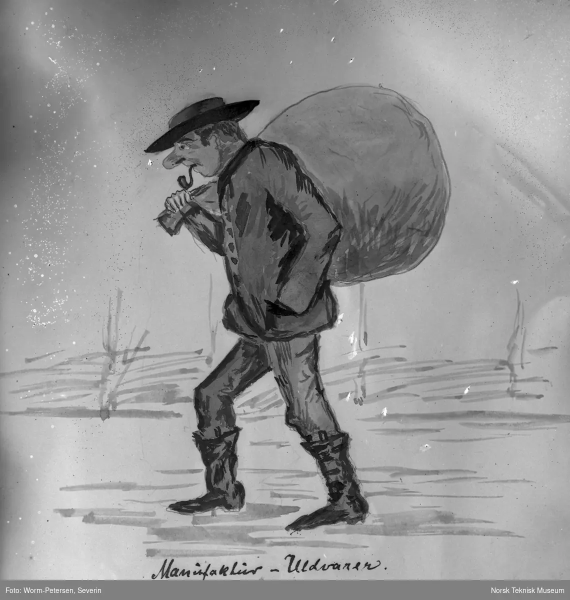 Karikaturtegning av mann med sekk på ryggen