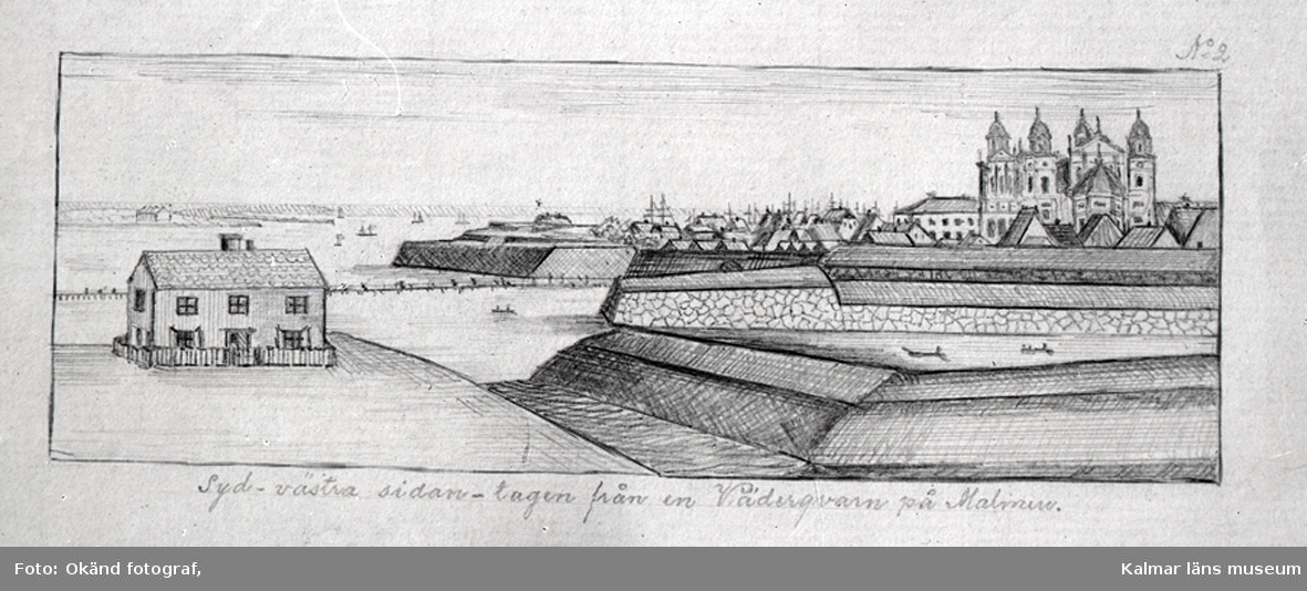 Teckning och litografi från 1840 där man ser domkyrkan på Kvarnholmen i Kalmar.