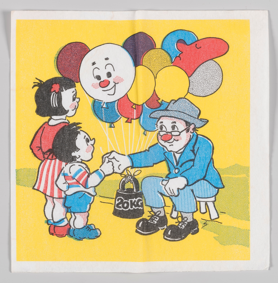 En jente og en gutt får en ballong med et smilend ansikt av en mann som har et bunt med ballonger som er festet til en vekt på 20 kg