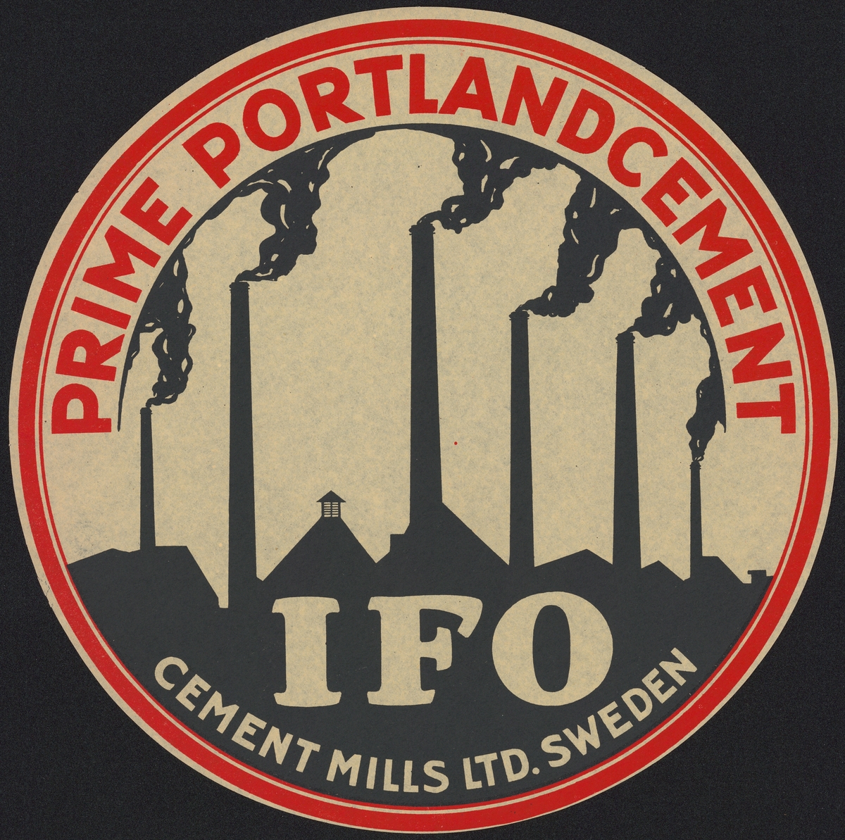 Fabriksmärke för cementpåsar. IFO. Cement Mills Ltd Sweden. Prime Portland Cement.