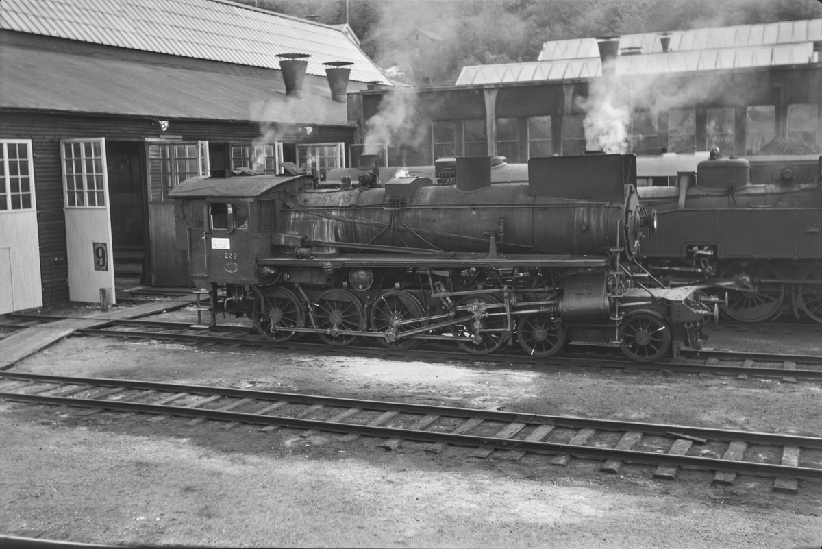 Damplokomotiv type 26b nr. 229 uten tender ved verkstedet på Marienborg.