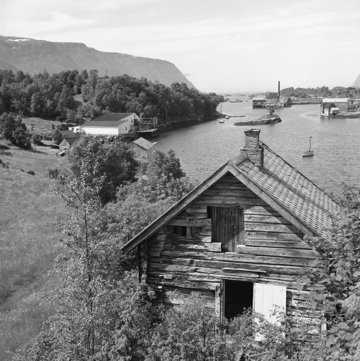 Motiv av ei gammel bygning på Sula. I bakgrunnen ses Langevågsholmane,  Tennholmen med eldre driftsbygninger.