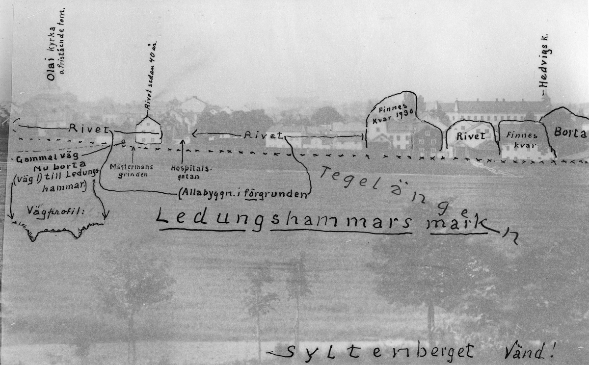 Vy över Norrköping från 1869. Fotografiet är taget i västlig riktning från Syltenberget och visar närmst åskådaren bebyggelsen inom stadsdelen Östantill. Mycket kommer snart att rivas i och med att staden växer men vissa byggnader känns igen, så som Olais och Hedvigs kyrktorn. Hospitalsgatan skymtar till vänster i bild.
