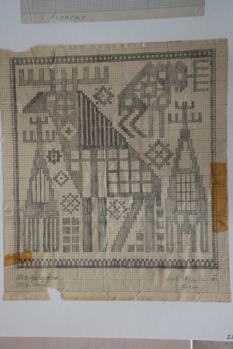 Skisser till finnvävar komponerade av Ann Mari Gunnarsson. 
Bild nr 3 (nedre högra skissen) hör dock till ZJLHF-335:10, gjord av Kerstin Ekengren.